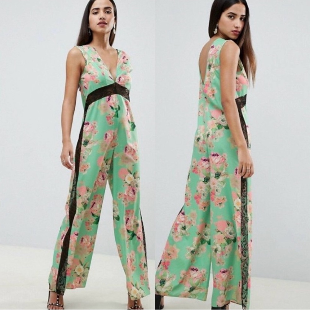💫HP‼️💫 ASOS DESIGN Sleeveless Wide Leg Jumpsuit w/Lace in Green Floral, Size 8